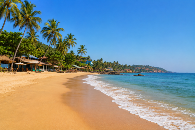 Quiet palm-lined Agonda Beach in South Goa with golden sand and Arabian Sea