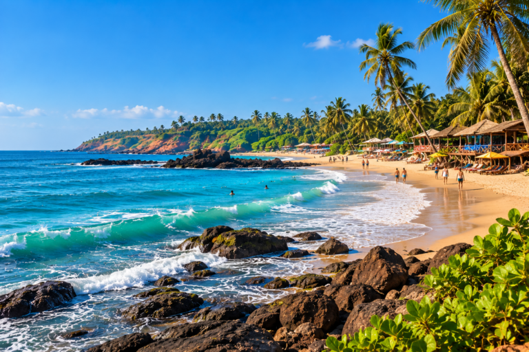 Rocky palm-lined beach scenery representing Anjuna in North Goa