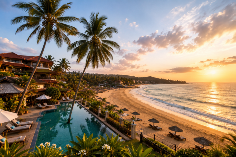Beachfront resort in Goa with palm trees, swimming pool and sandy beach at sunset