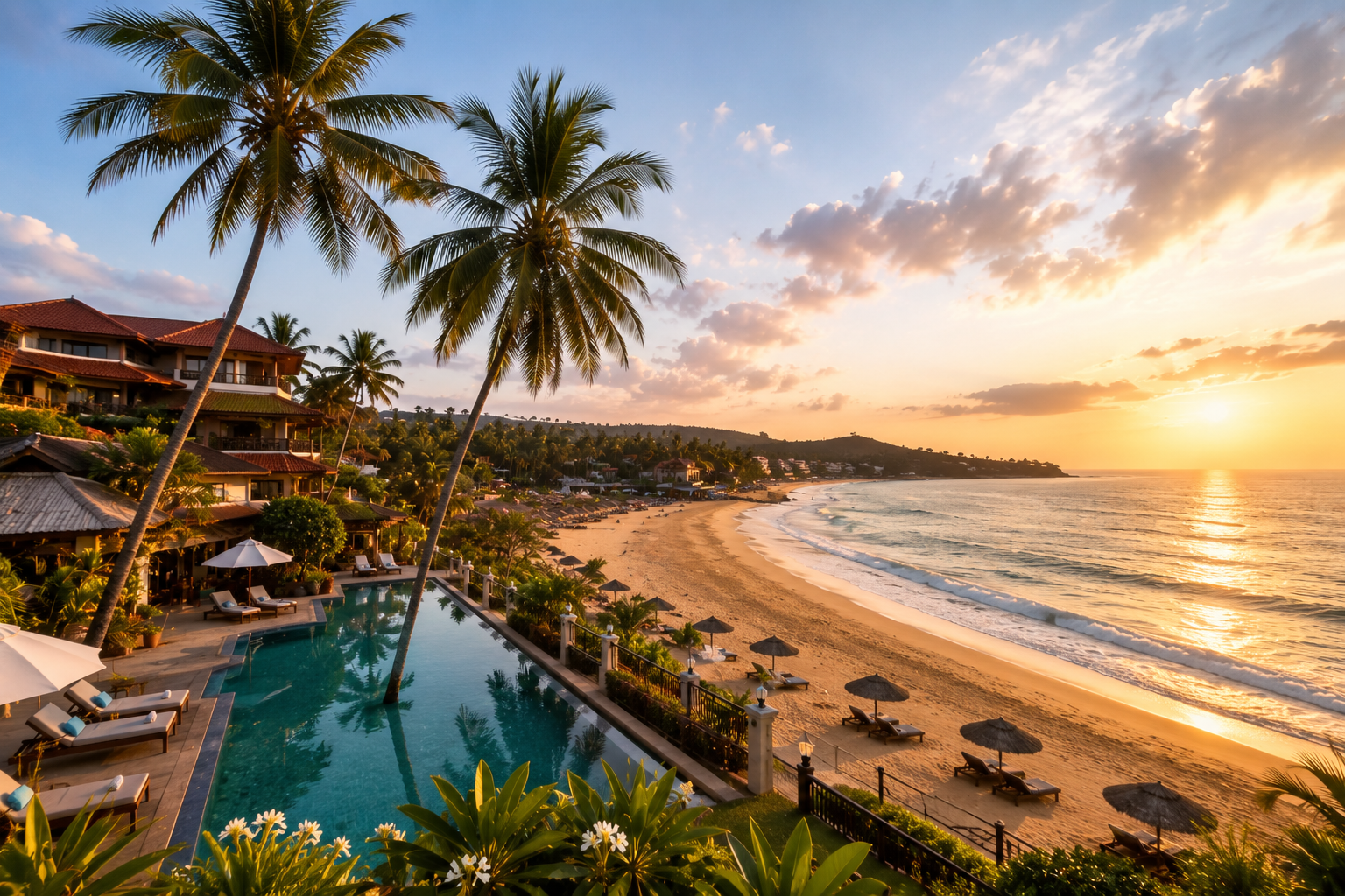 Beachfront resort in Goa with palm trees, swimming pool and sandy beach at sunset