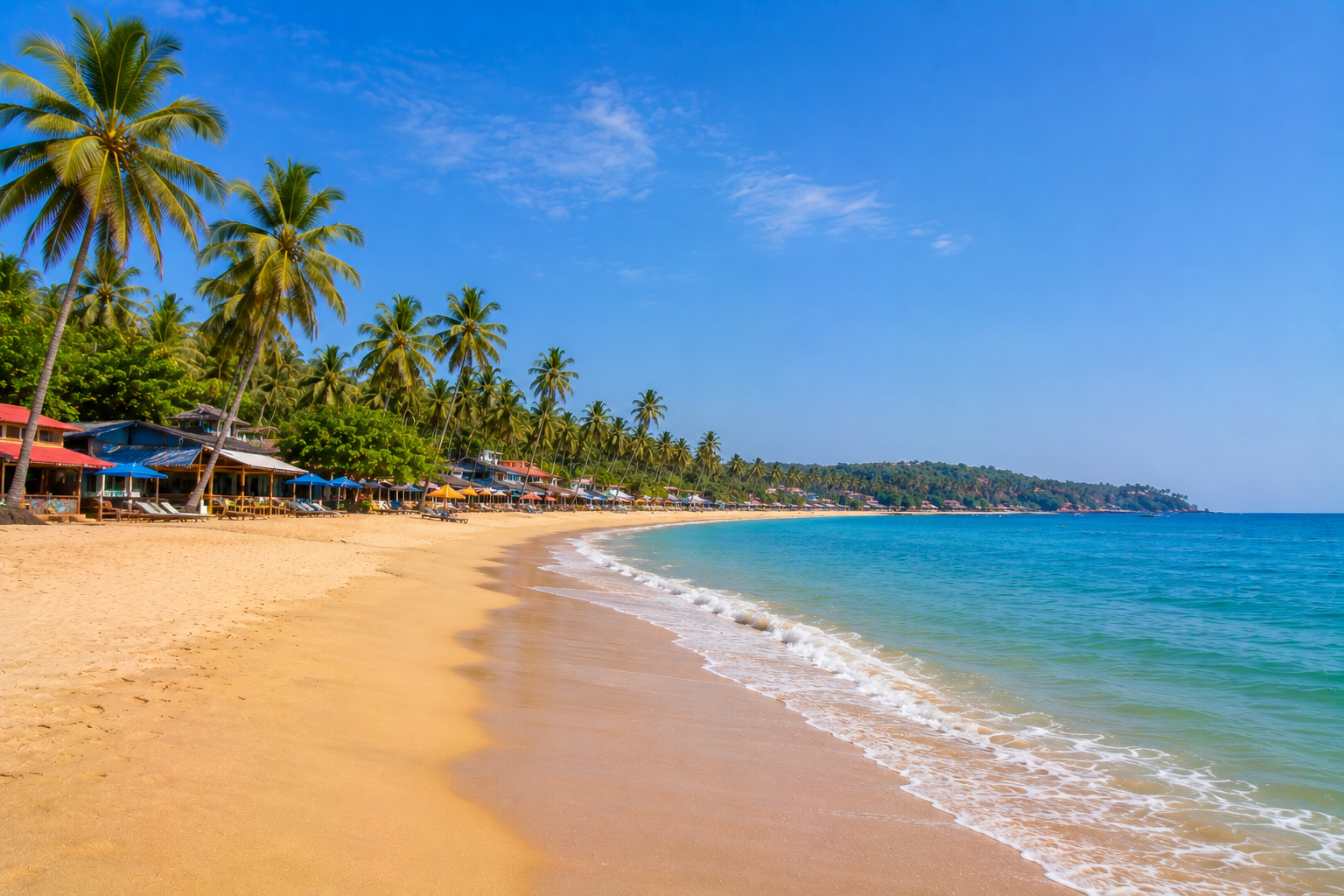 Wide palm-lined Calangute Beach in North Goa