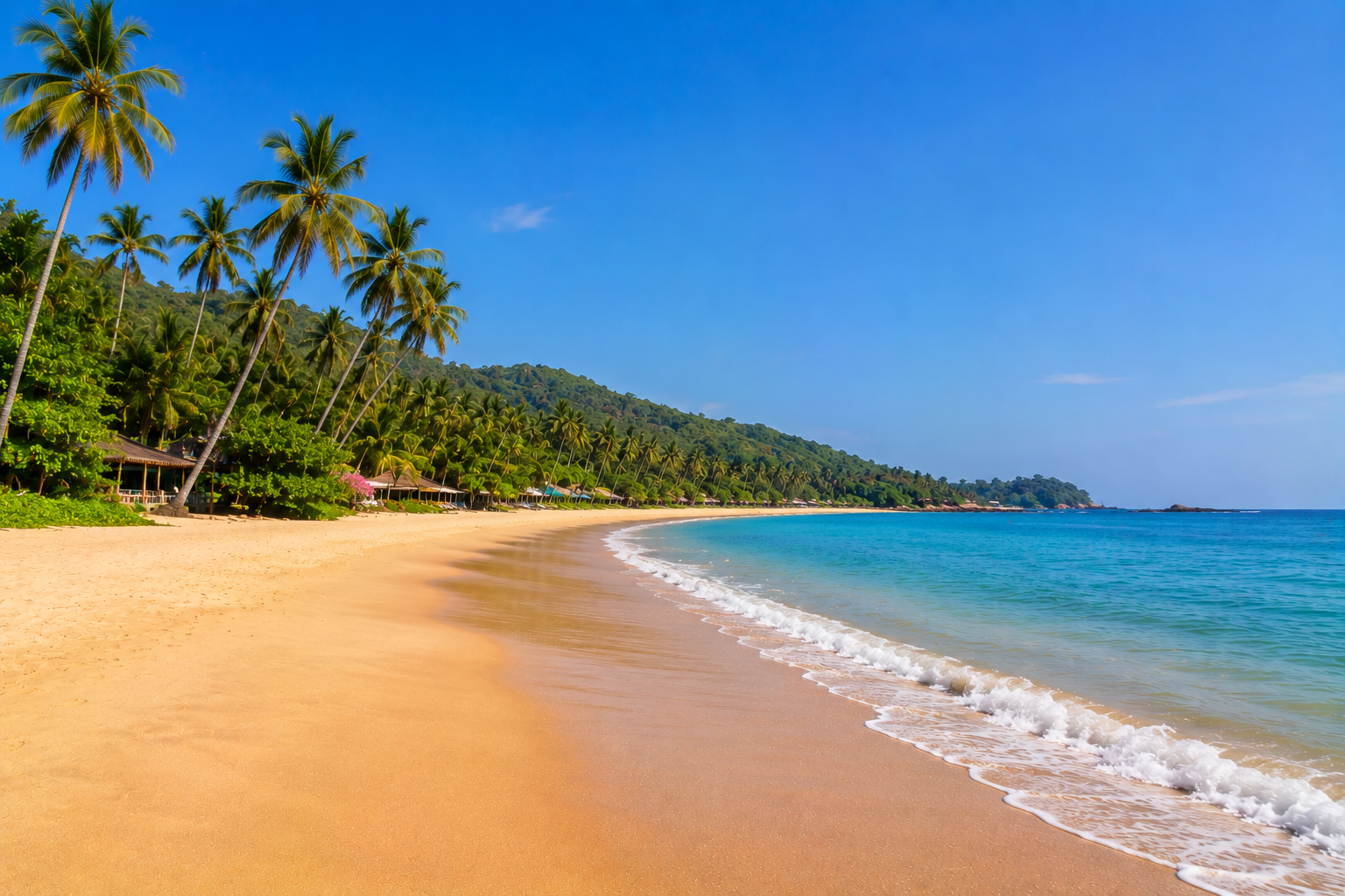 Curving palm-lined Palolem Beach in South Goa