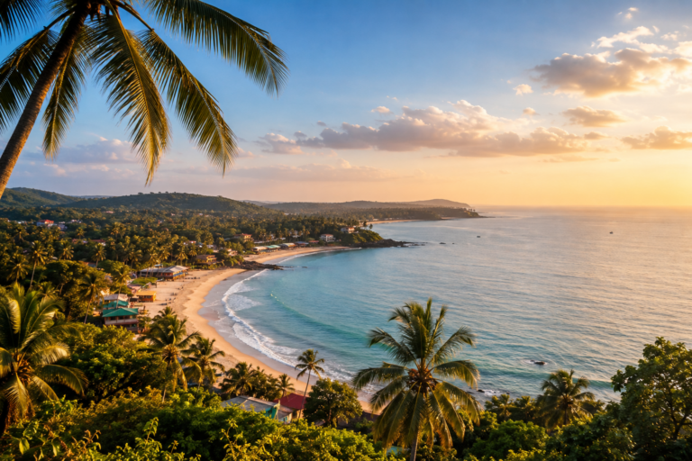 Palm-lined Goa coastline and sandy beach at sunset