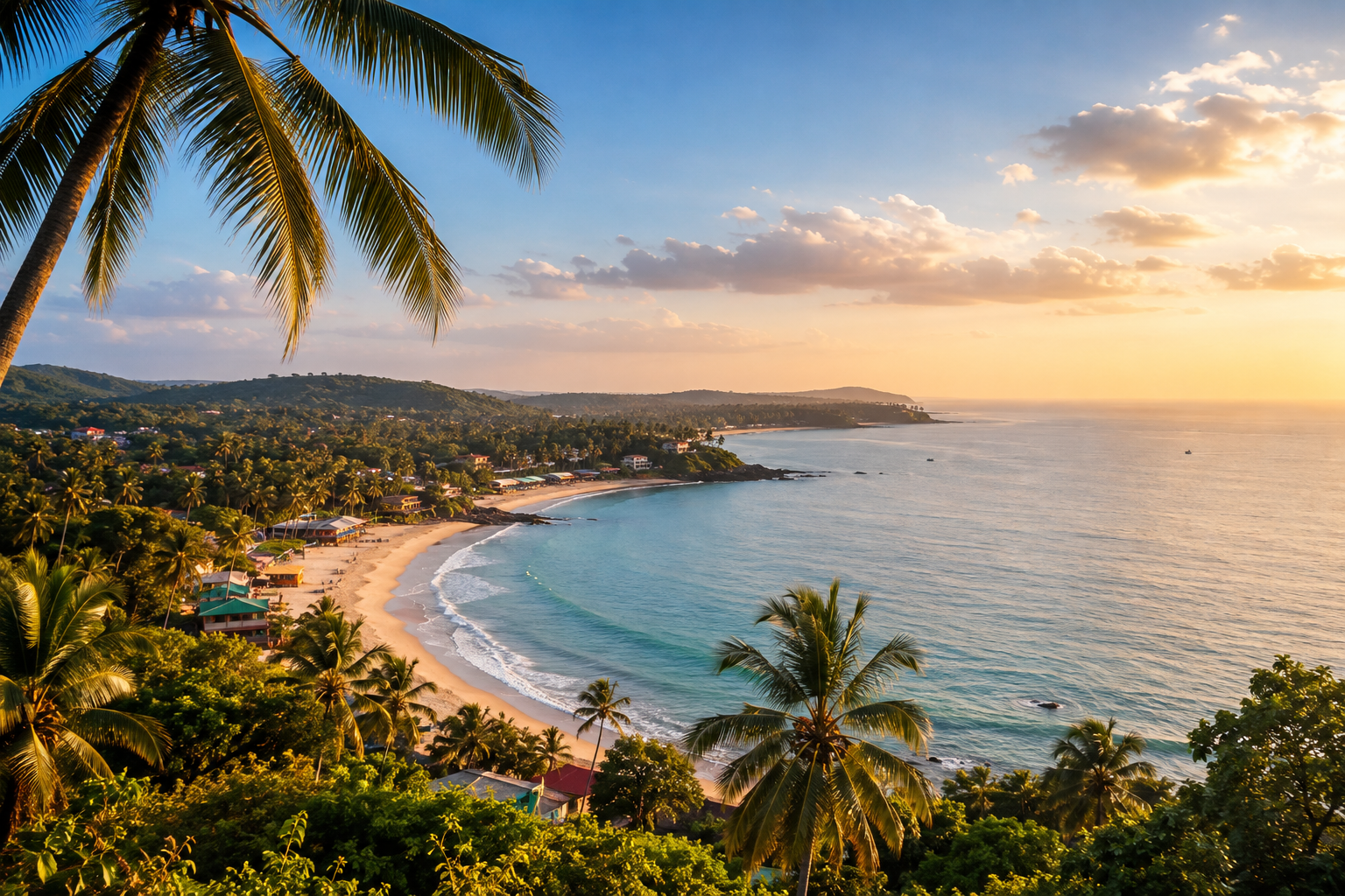 Palm-lined Goa coastline and sandy beach at sunset