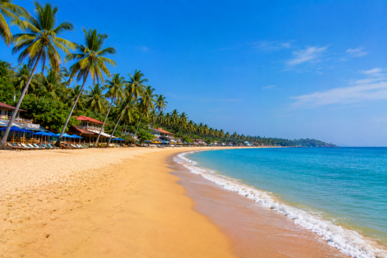 Palm-lined Candolim Beach in North Goa with golden sand and blue Arabian Sea