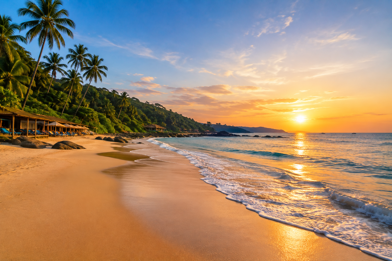 Quiet Morjim Beach in North Goa with palm trees and golden sand