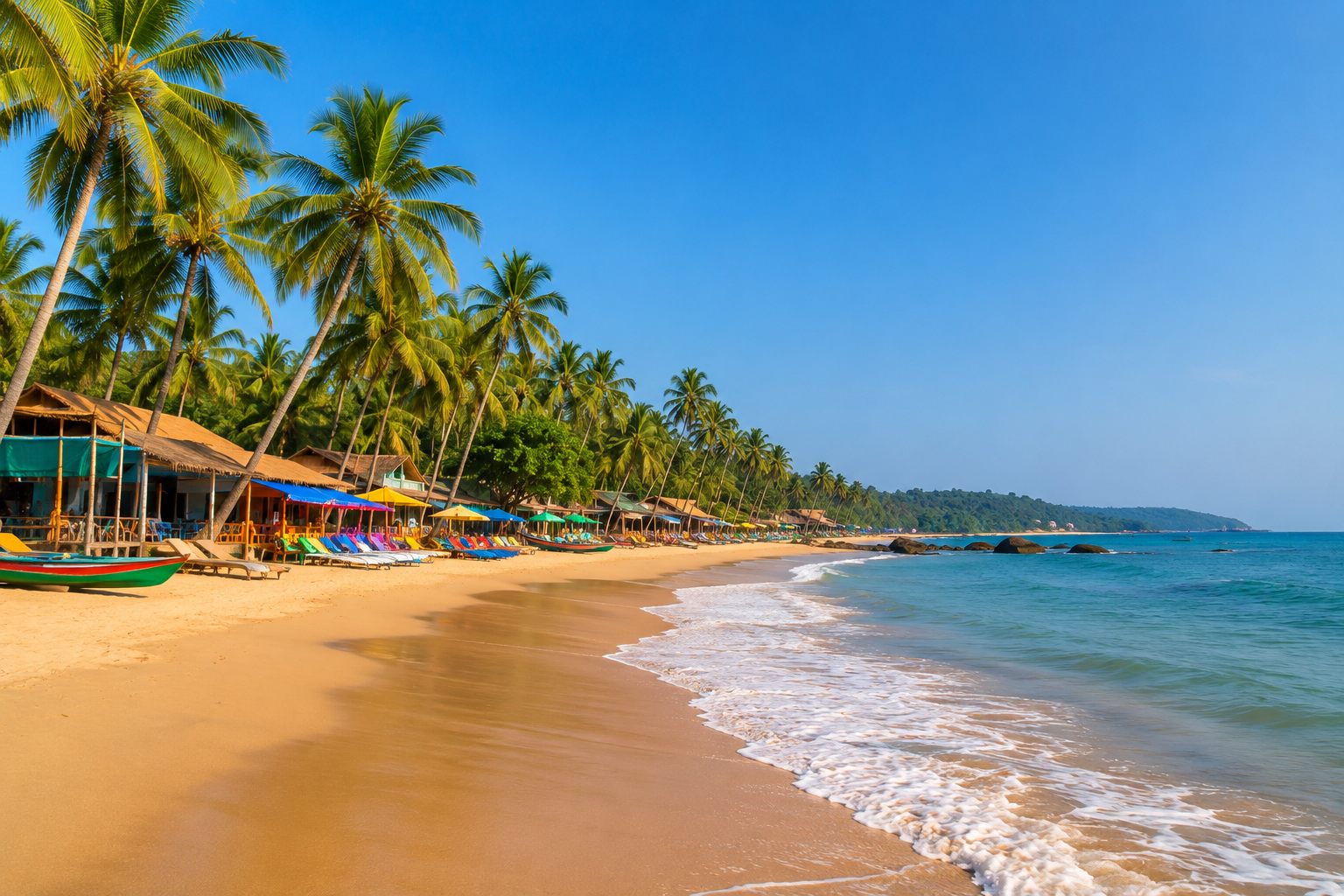 Palm-lined North Goa beach with golden sand and Arabian Sea