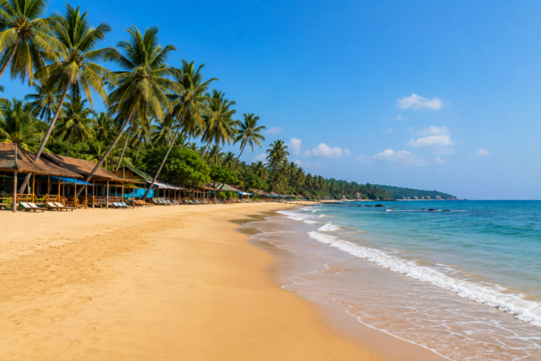 Wide sandy South Goa beach with palm trees and calm Arabian Sea
