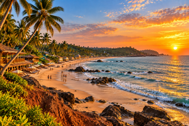 Rocky palm-lined North Goa coast at sunset representing an Anjuna versus Vagator comparison