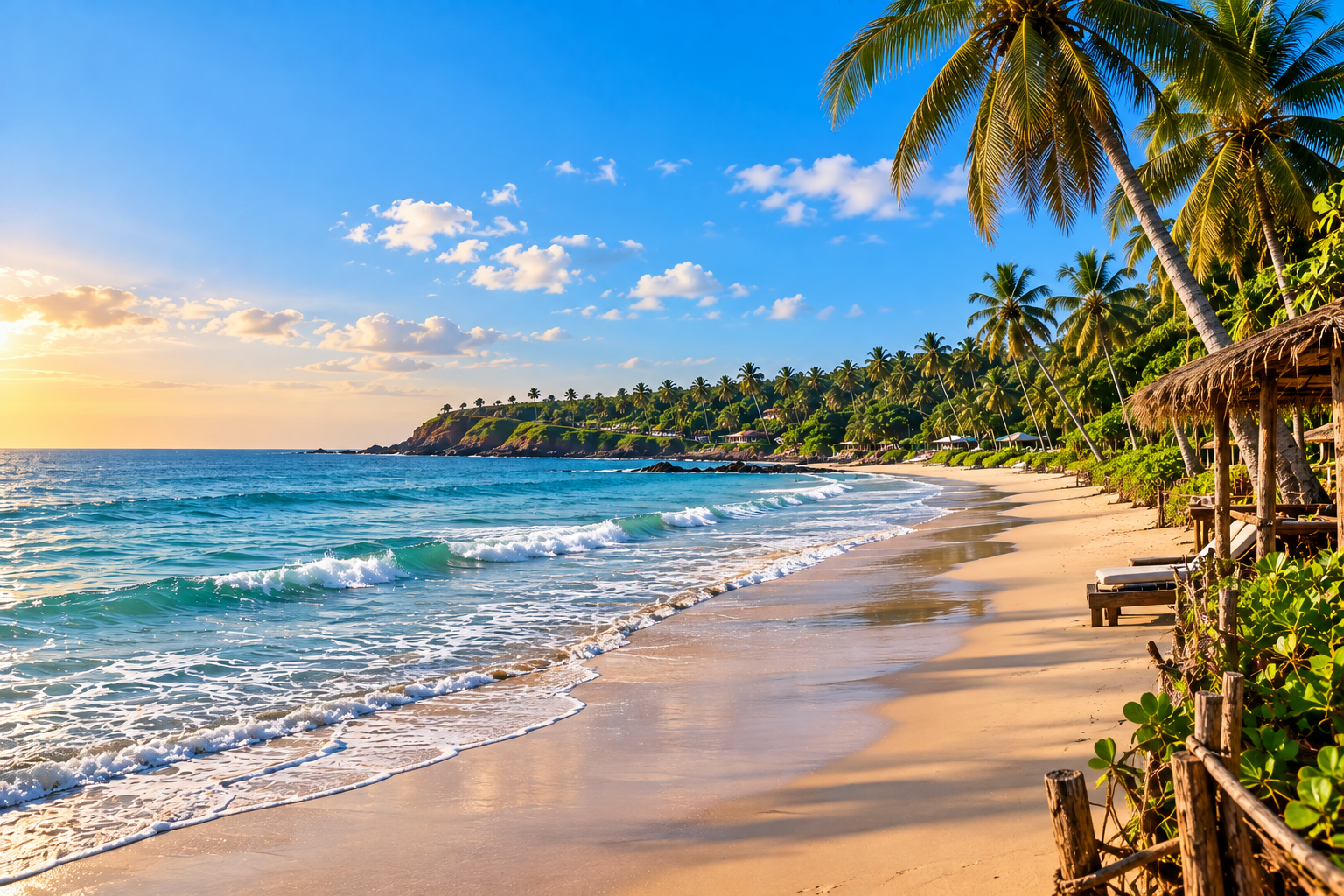 Palm-lined Arambol beach scenery in North Goa with a relaxed tropical shoreline