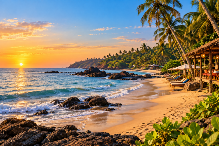 Quiet palm-lined Ashwem beach scenery in North Goa at golden hour