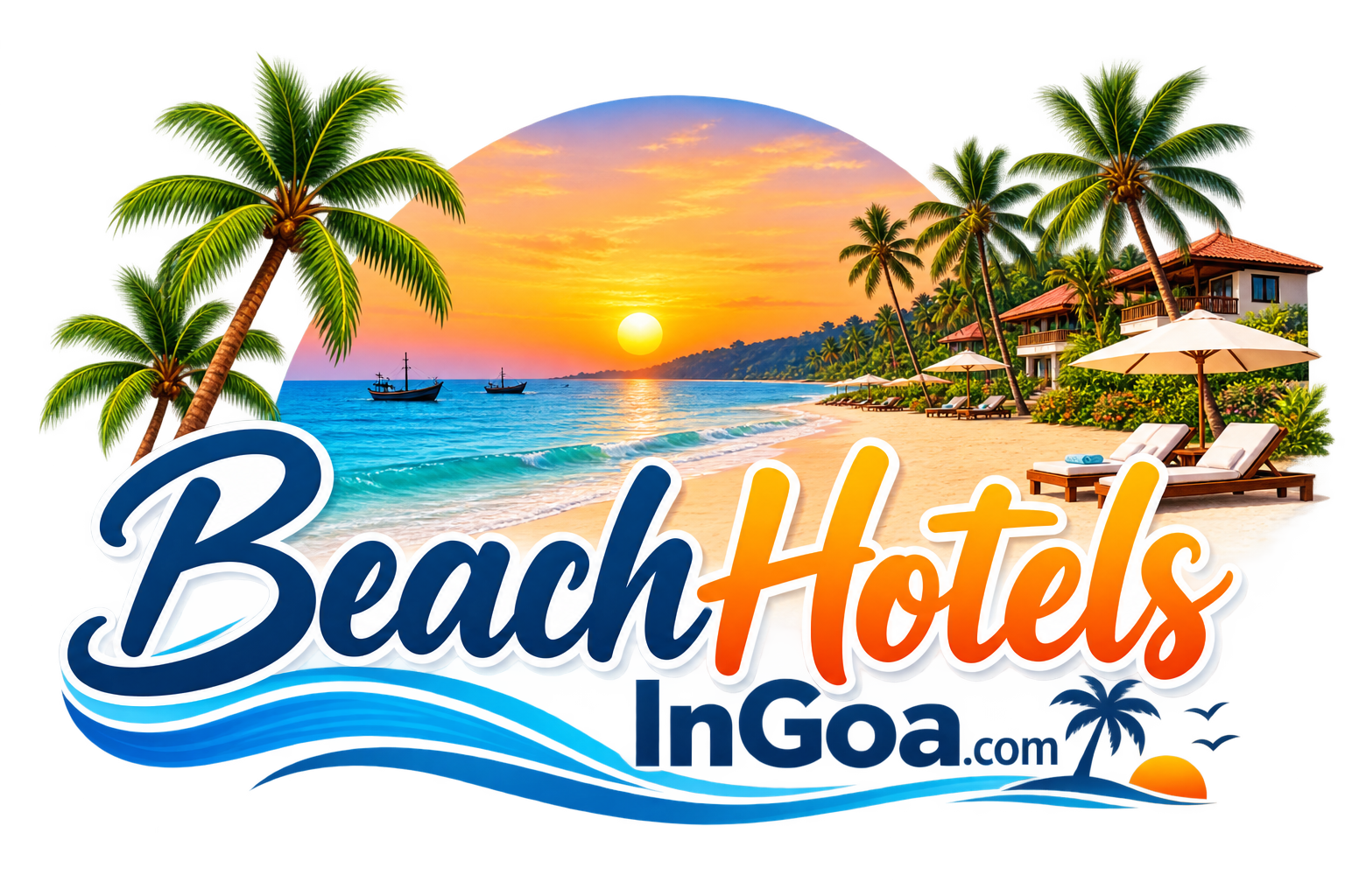 BeachHotelsInGoa.com logo with Goa beach, palm trees and resort