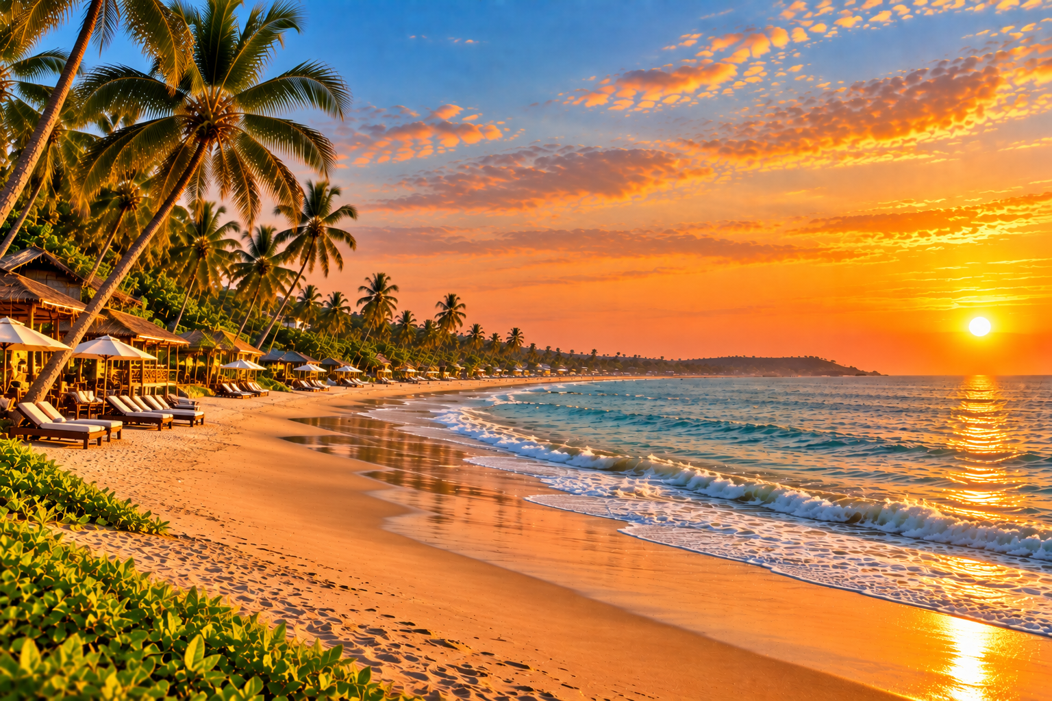 Wide palm-lined South Goa beach at sunset representing a Colva versus Benaulim comparison