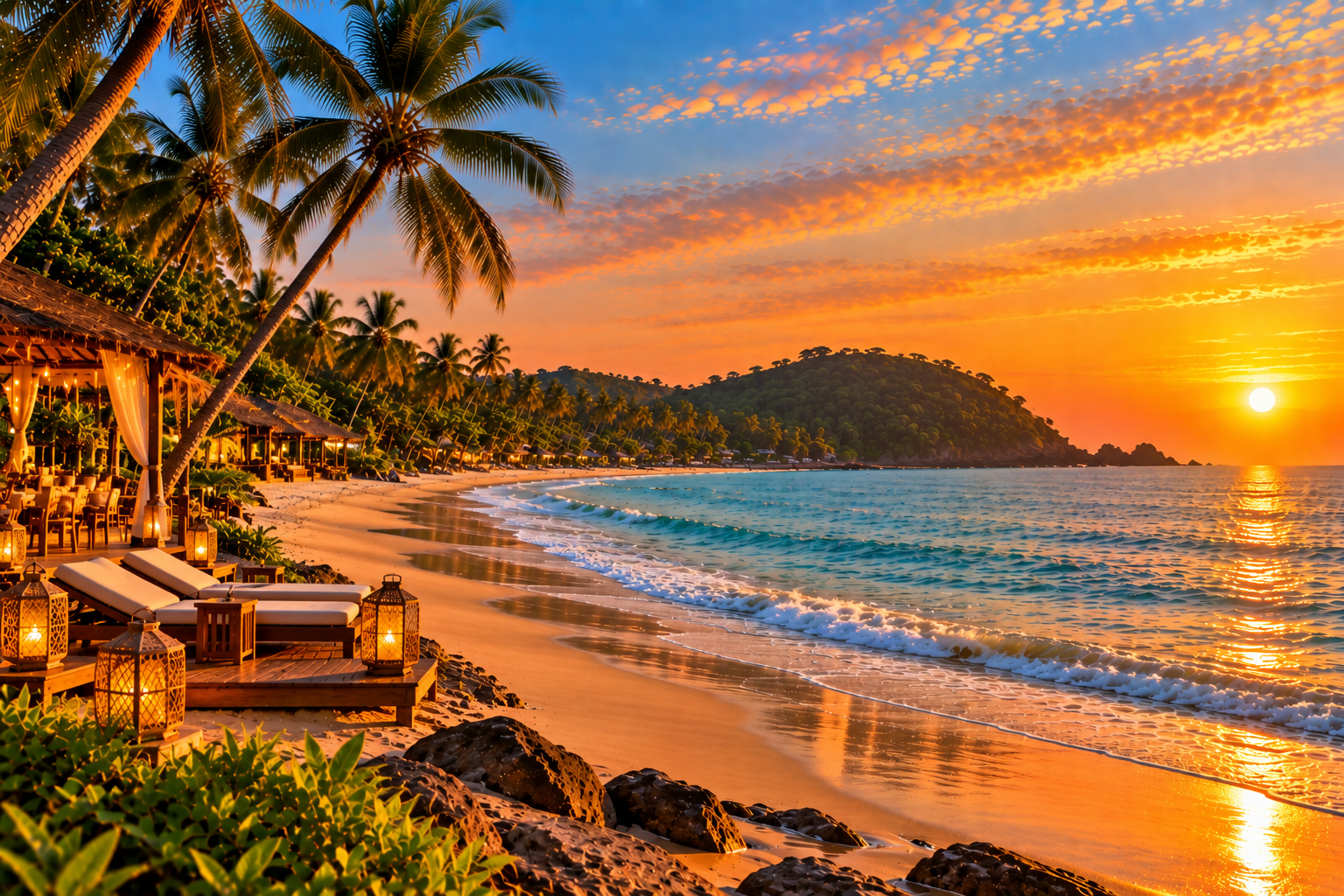 Romantic tropical beach resort scenery at sunset for a Goa honeymoon