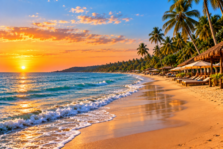 Quiet palm-lined beach and resort scenery representing Majorda in South Goa