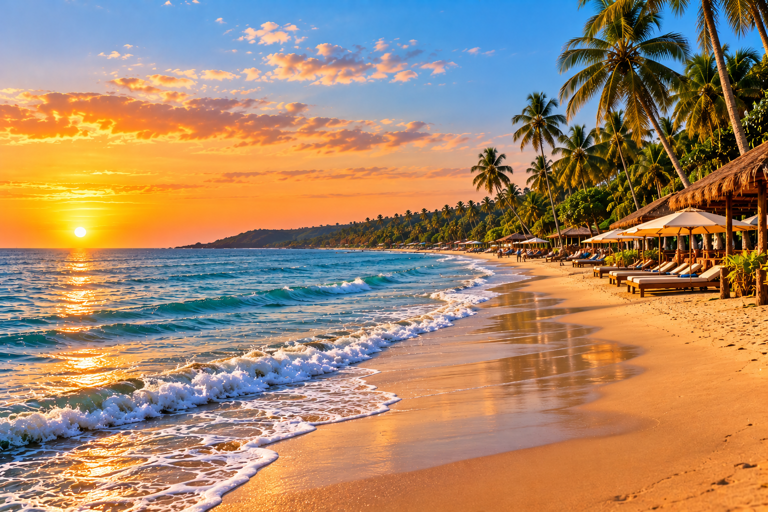Quiet palm-lined beach and resort scenery representing Majorda in South Goa