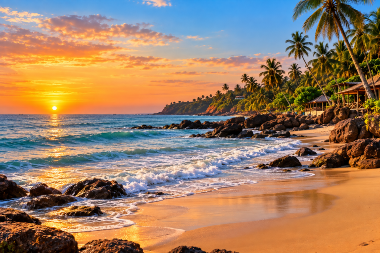 Quiet palm-lined Mandrem beach scenery in North Goa at sunset