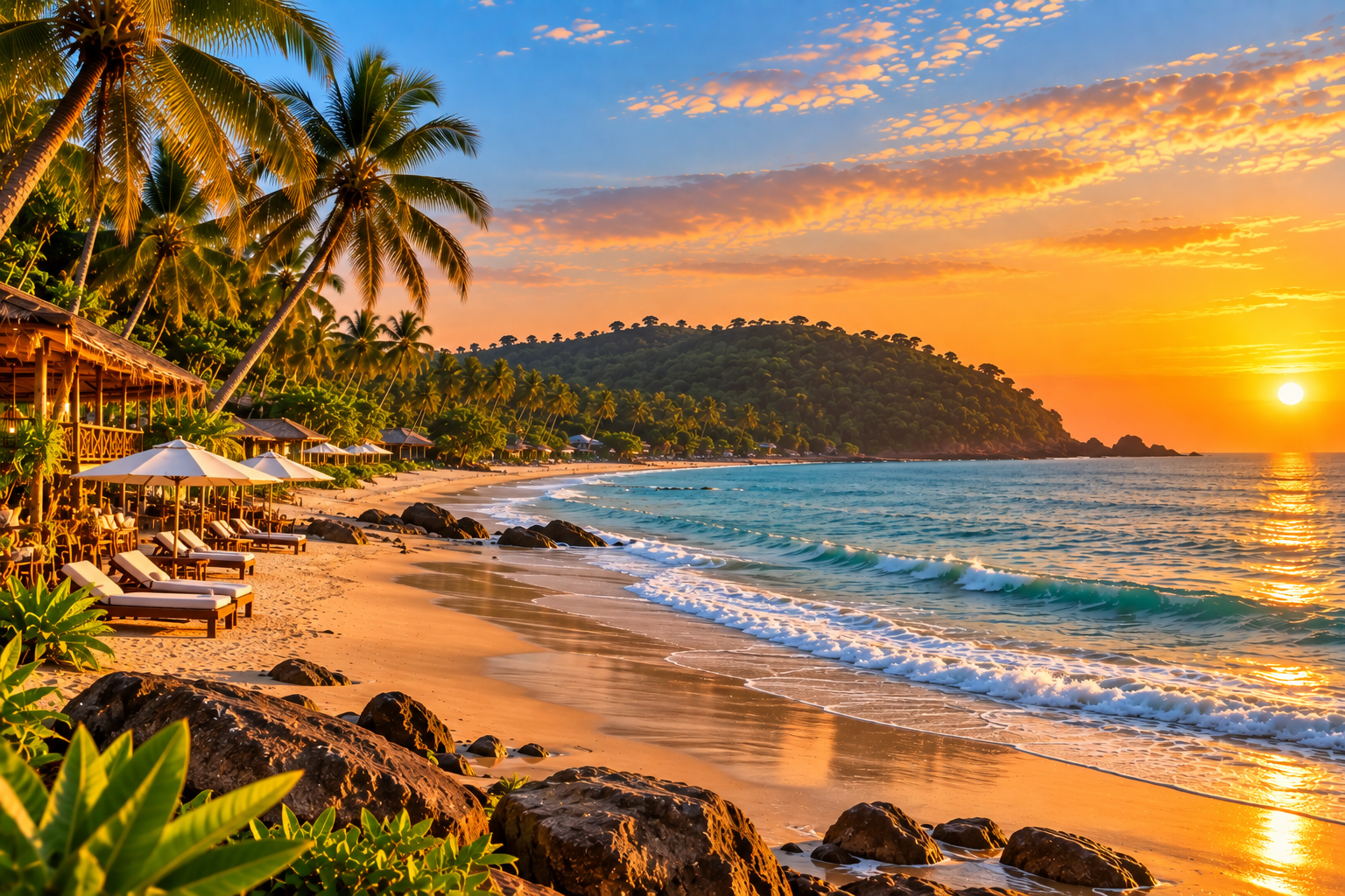 Scenic South Goa beach at sunset representing a Palolem versus Agonda stay comparison