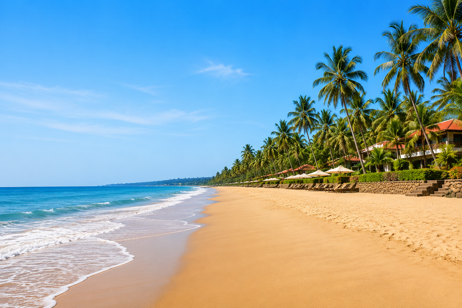 Wide sandy Varca Beach in South Goa with palm trees and beachfront resorts